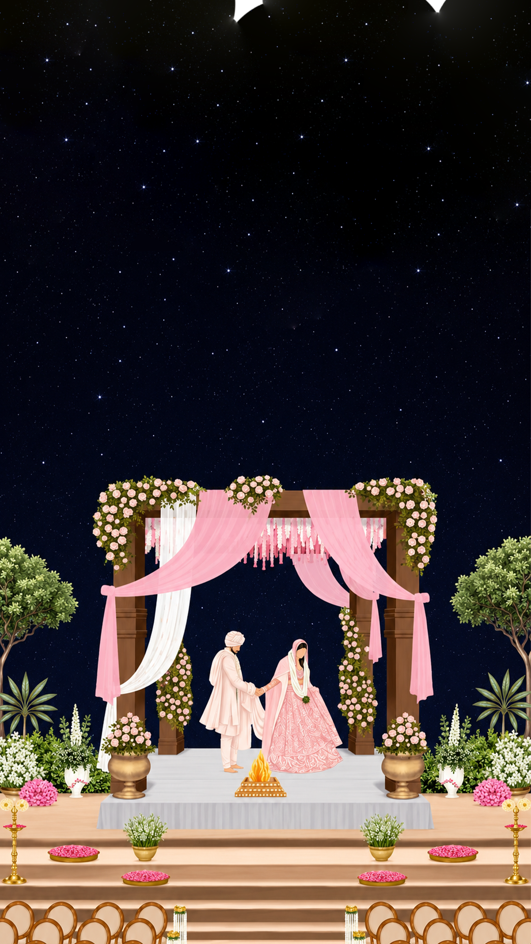 Starry night sky with sacred wedding mandap and holy fire